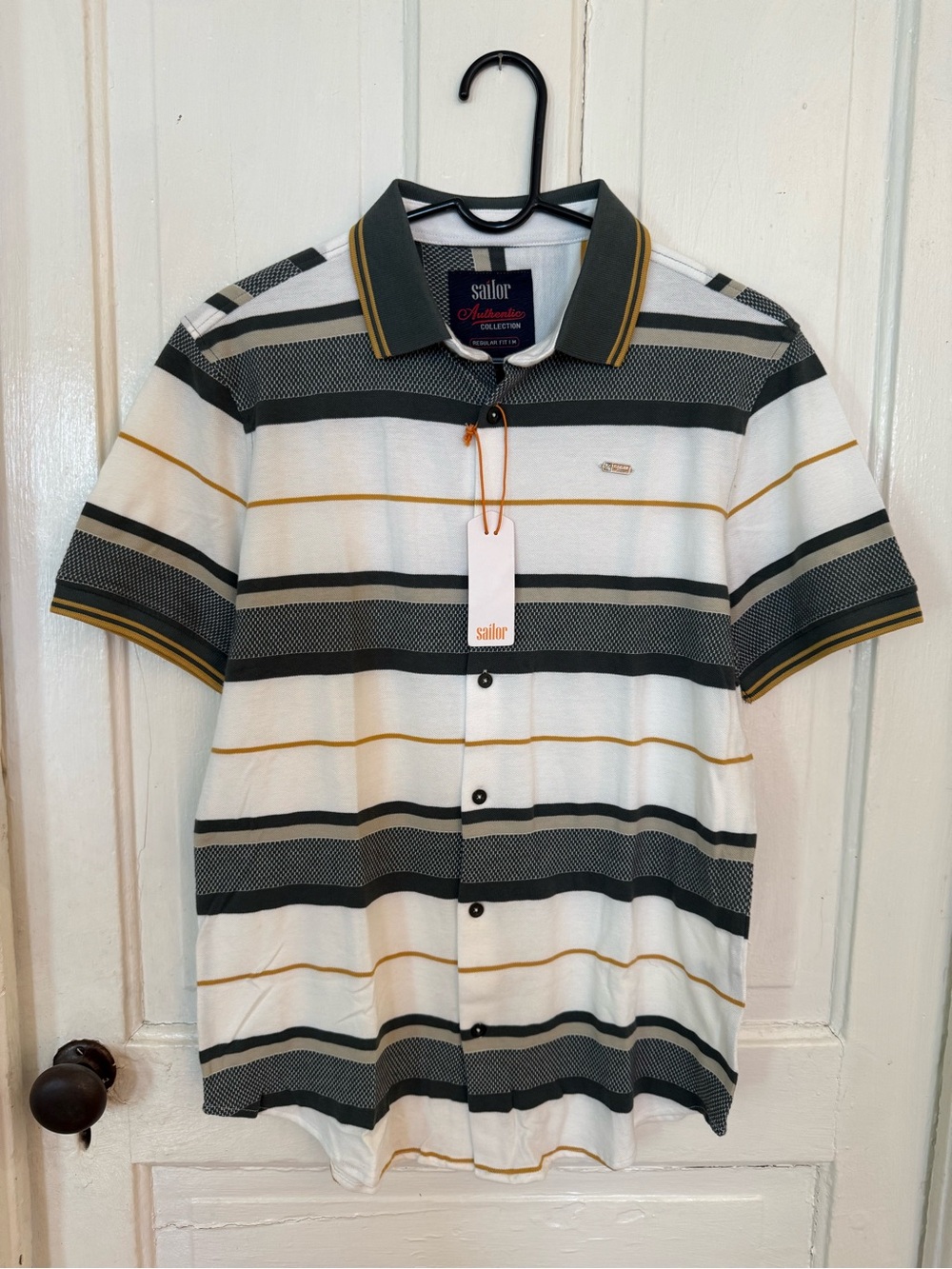 Sailor Men's Knit Casual Button Down Shirt White & Olive Striped - Size M - NWT